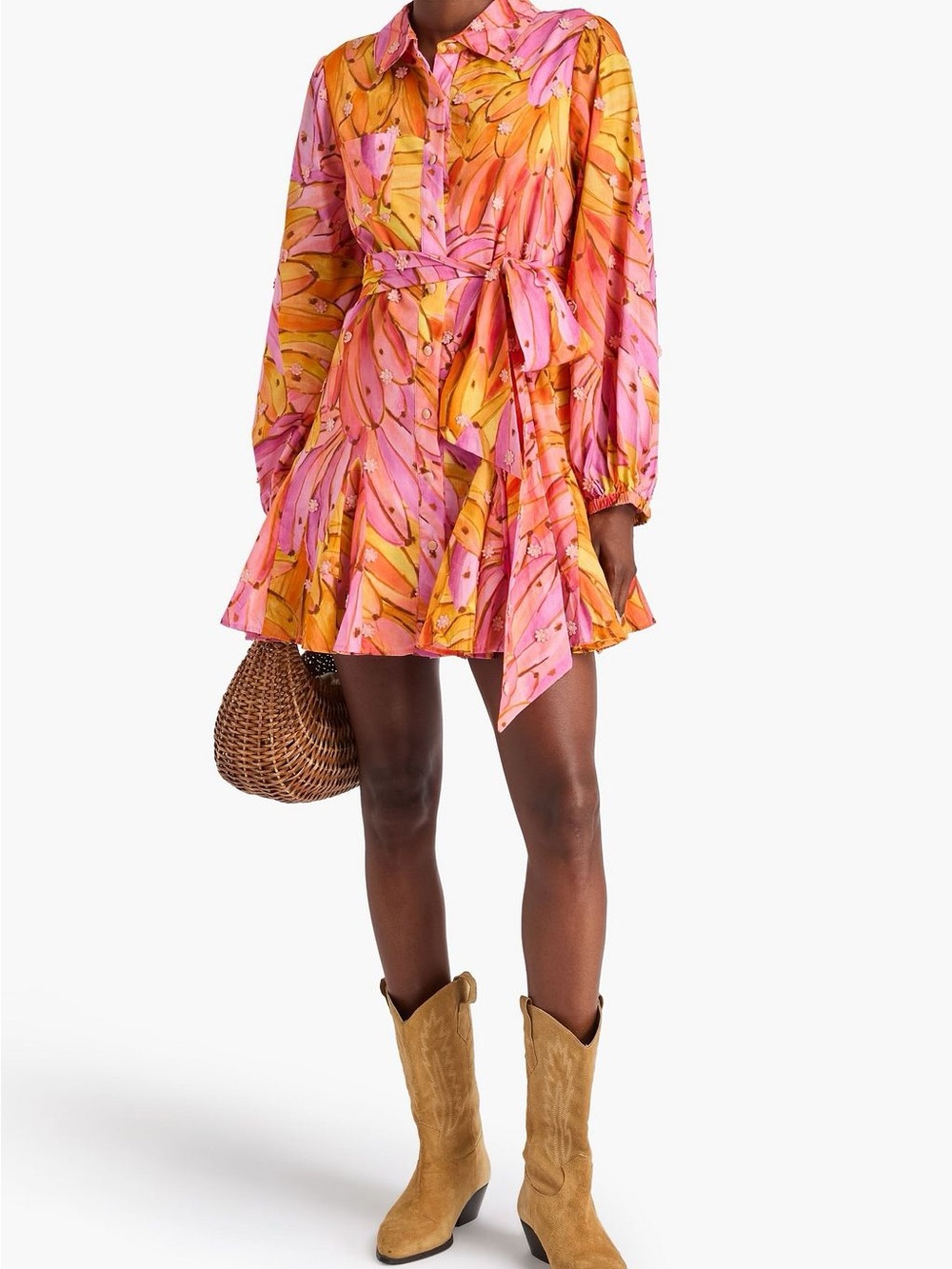 FARM Rio Ombré Bananas mini tie waist shirt dress L